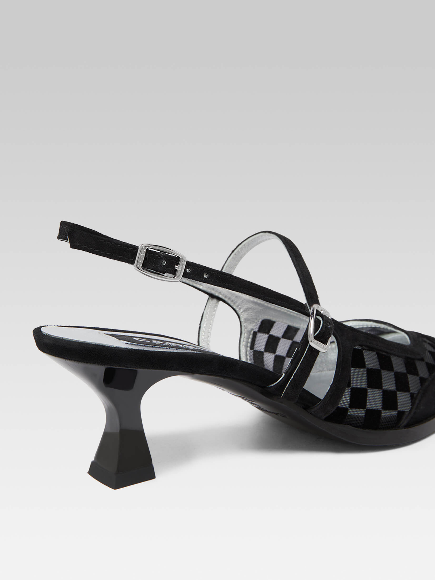 Cecile - Escarpins slingback cuir velours damier résille noir - Image numéro 5