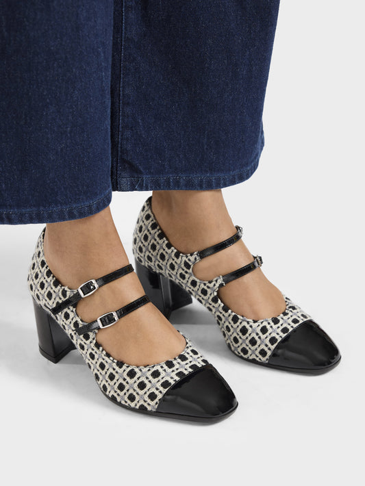 Cherry - Black and white woven and black patent leather Mary Janes pumps - Image number 5