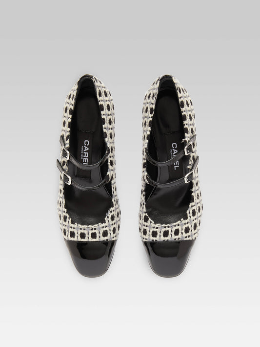 Cherry - Escarpins babies maille noir et blanc et cuir verni noir - Image numéro 4