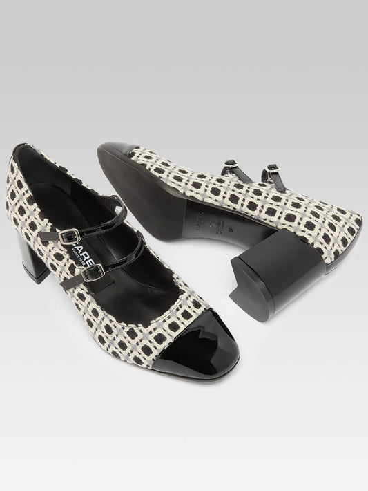 Cherry - Escarpins babies maille noir et blanc et cuir verni noir - Image numéro 5