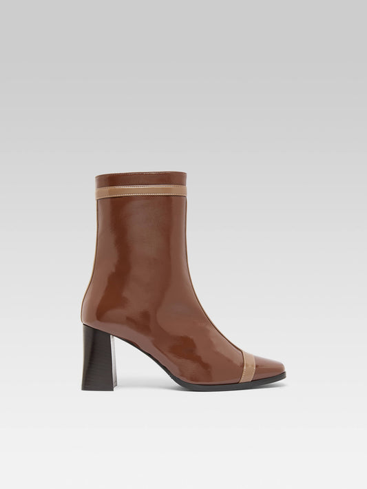 Catherine - Brown and beige naplack patent leather ankle boots