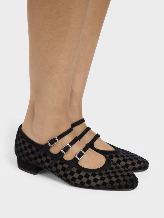 Arianight - Black checkered suede leather and mesh Mary Janes ballet flats - Image number 3