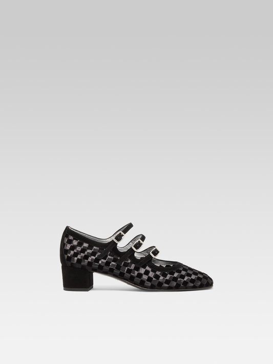 Kinight - Escarpins babies cuir velours damier résille noir - Image numéro 1