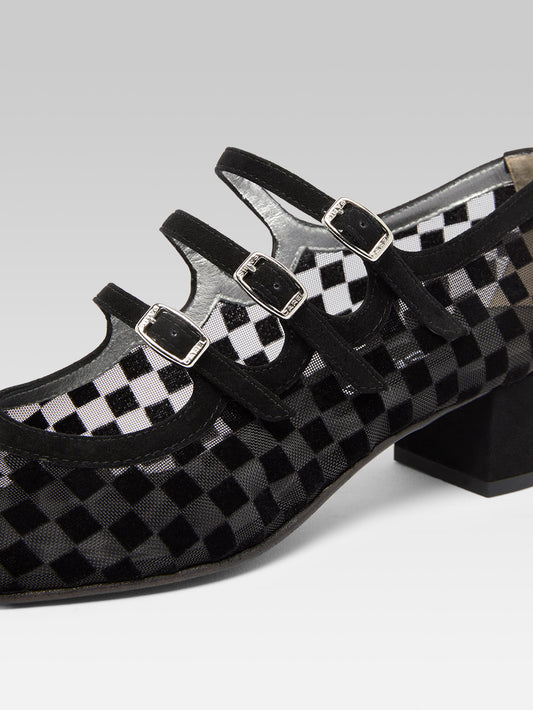 Kinight - Escarpins babies cuir velours damier résille noir - Image numéro 2