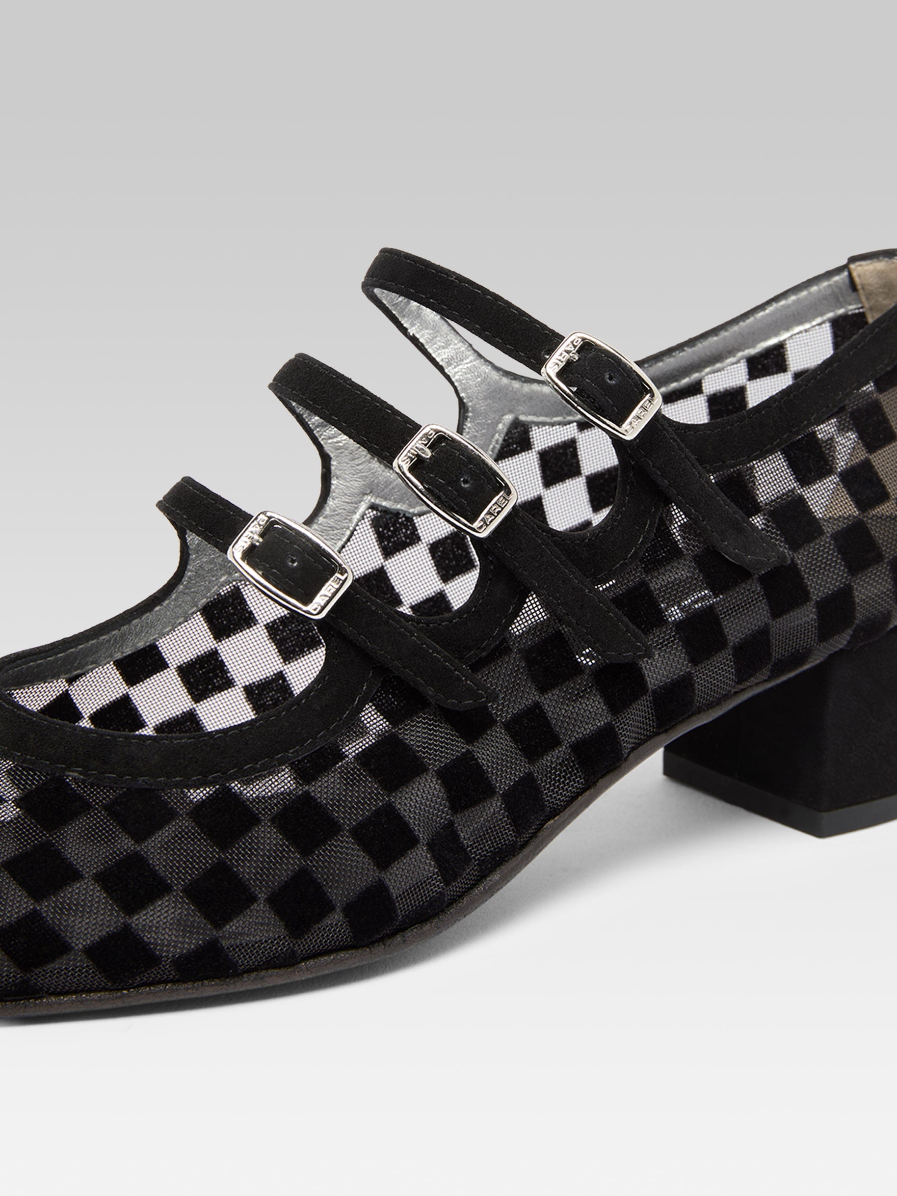 Kinight -  Black checkered suede and mesh Mary Janes pumps - Image number 2