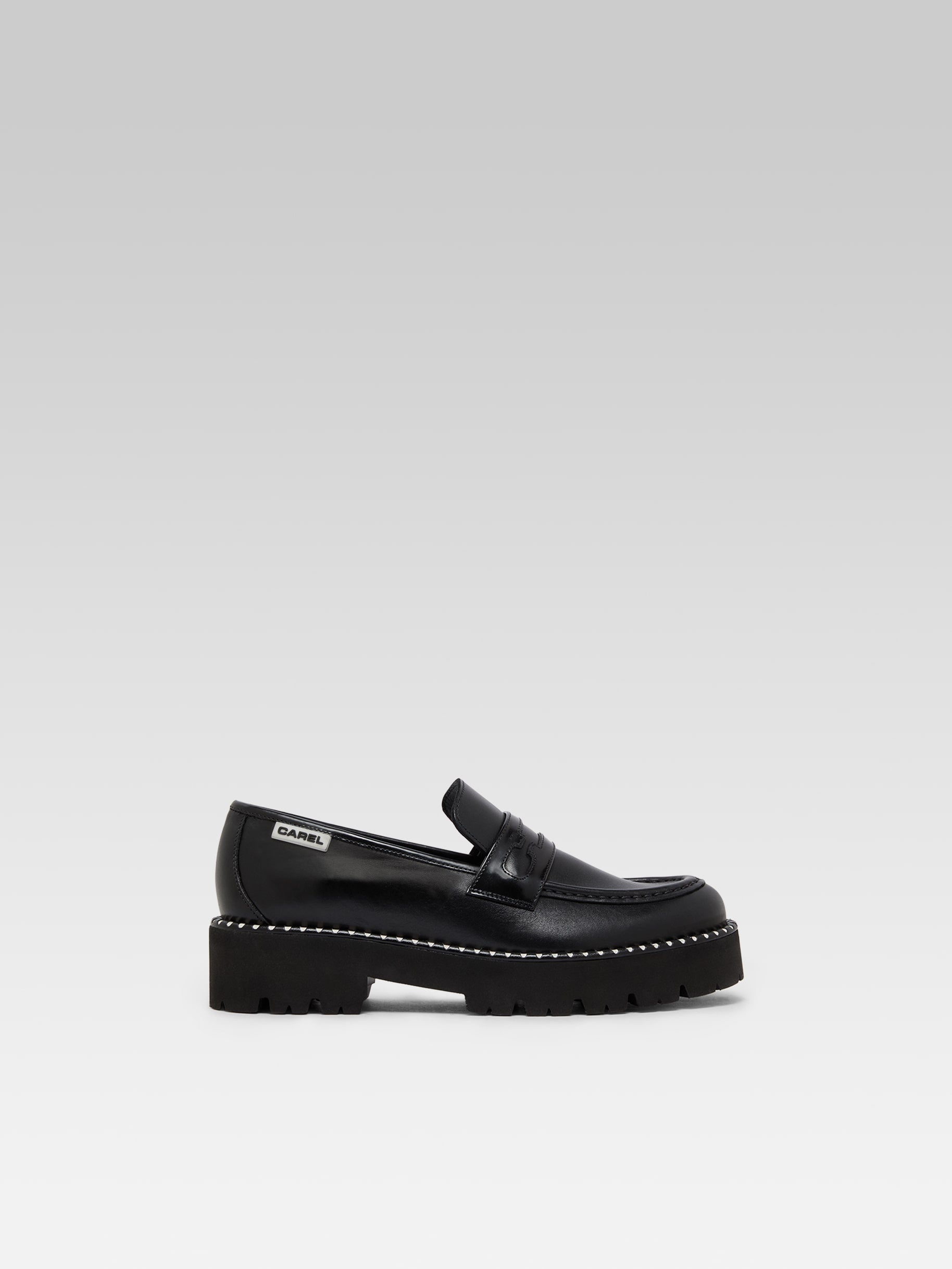 Marion - Black leather and glossy leather loafers with stitching - Image number 1