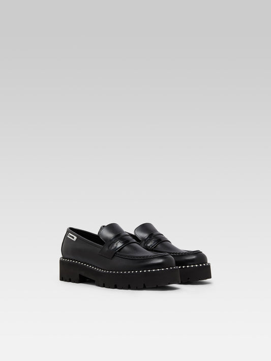 Marion - Black leather and glossy leather loafers with stitching - Image number 4