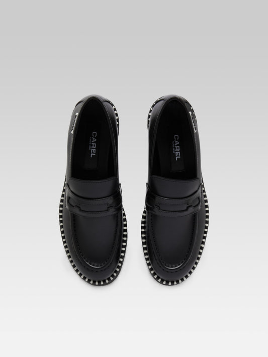 Marion - Black leather and glossy leather loafers with stitching - Image number 3