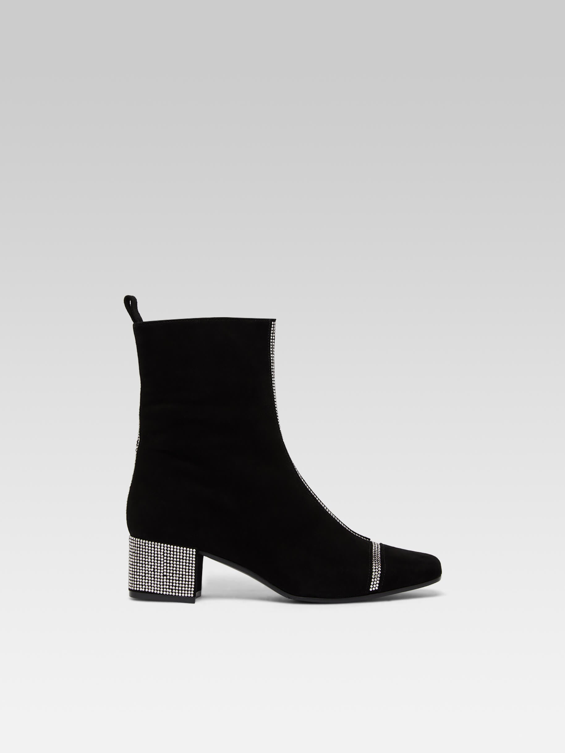 Audrey - Black suede ankle boots embellished with crystals by Swarovski®