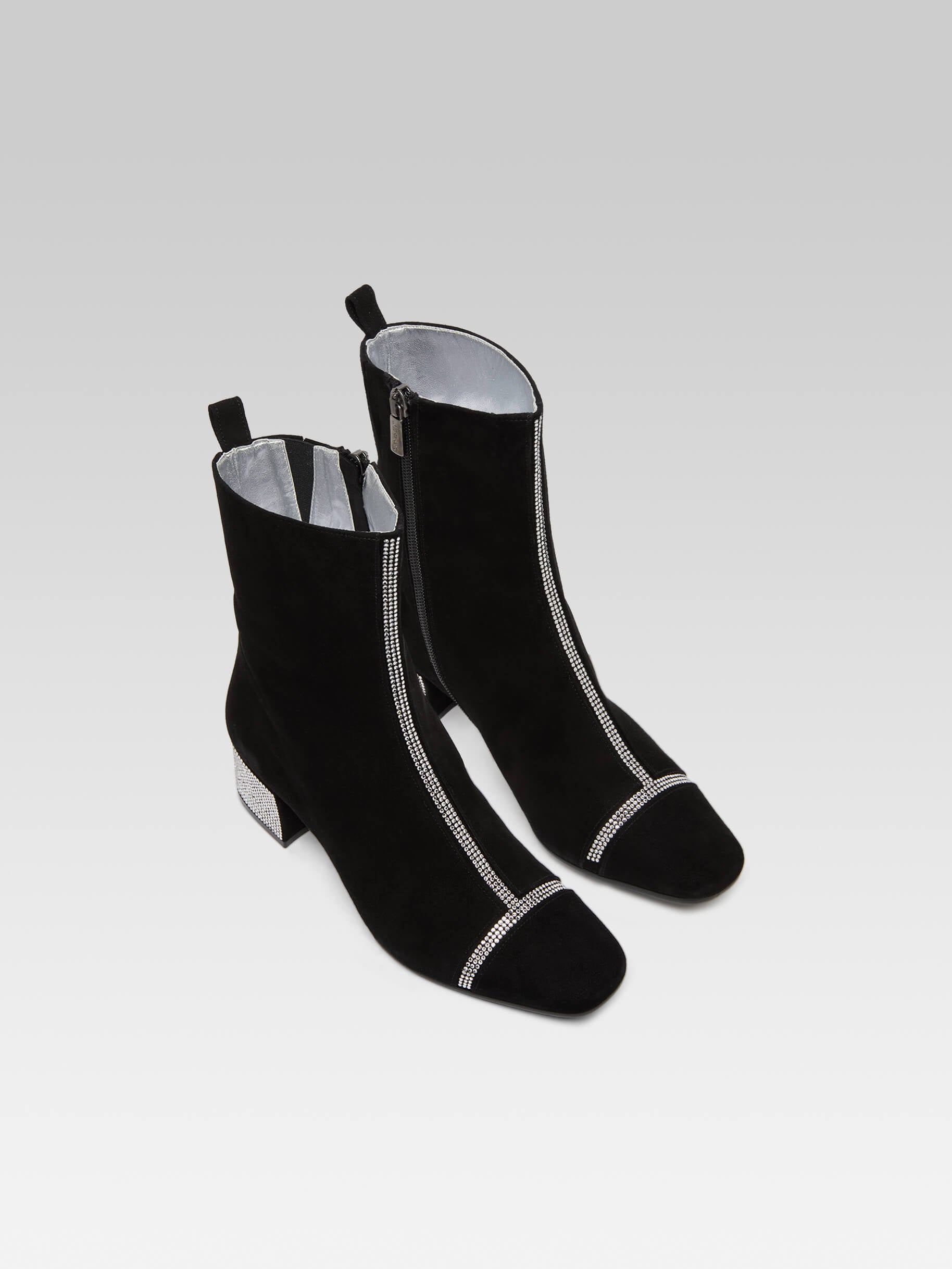 Audrey - Black suede ankle boots embellished with crystals by Swarovski® - Image number 3