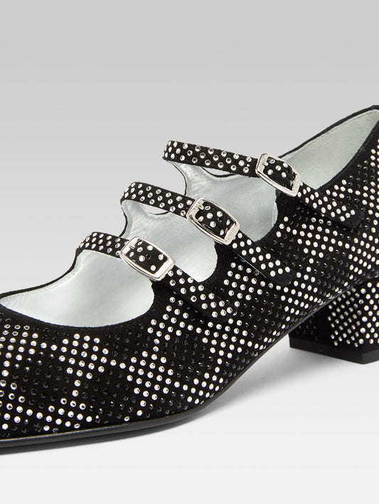 Kina - Black suede leather Mary Janes pumps embellished with crystals by Swarovski® - Image number 2