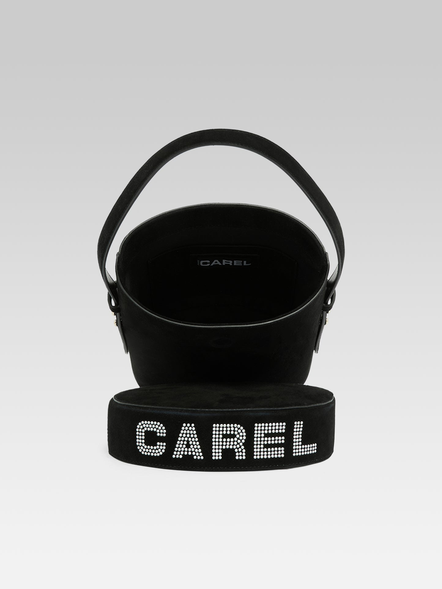 Bibi - Black suede leather bucket bag embellished with crystals by Swarovski® 