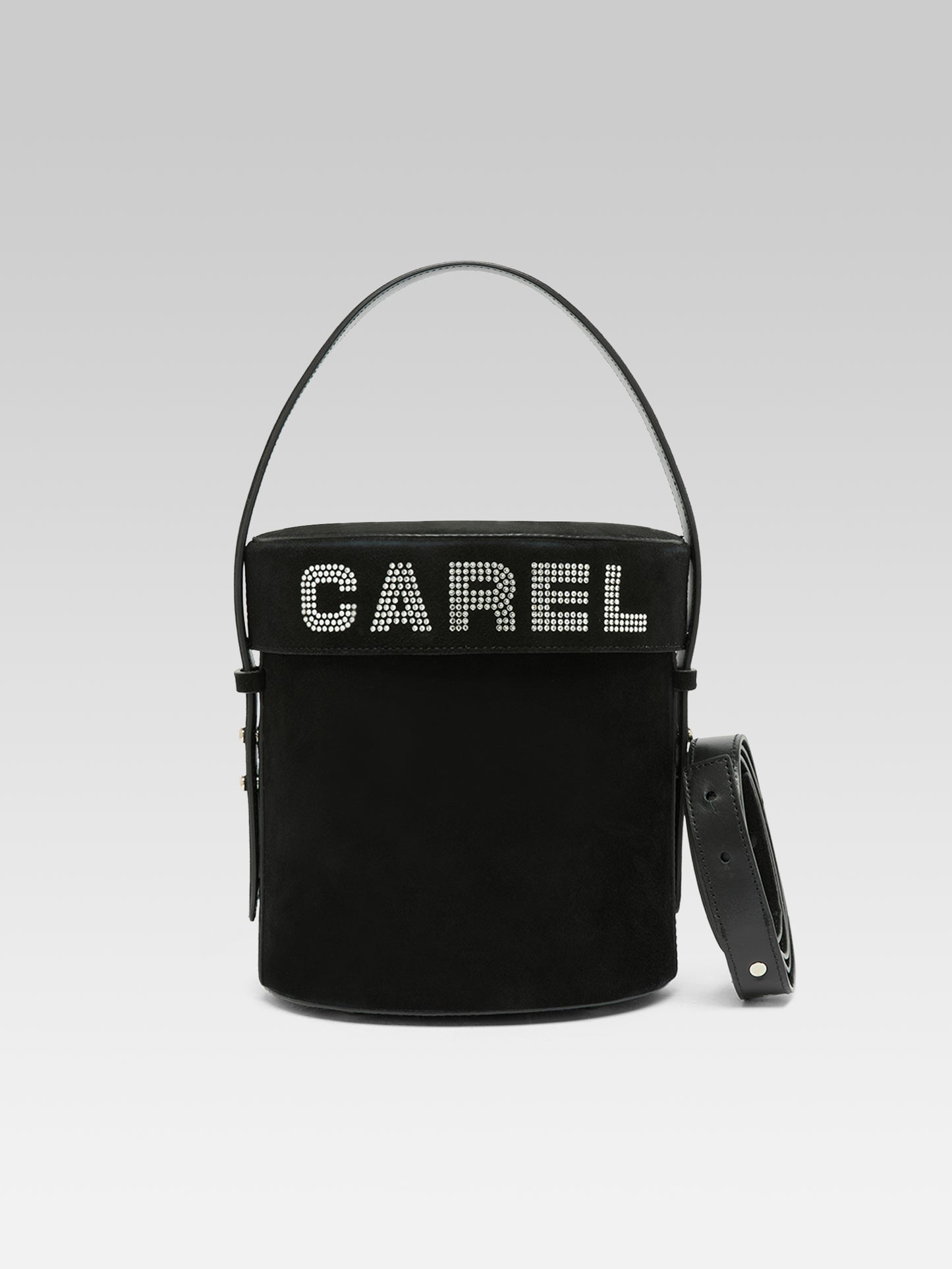 Bibi - Black suede leather bucket bag embellished with crystals by Swarovski® 
