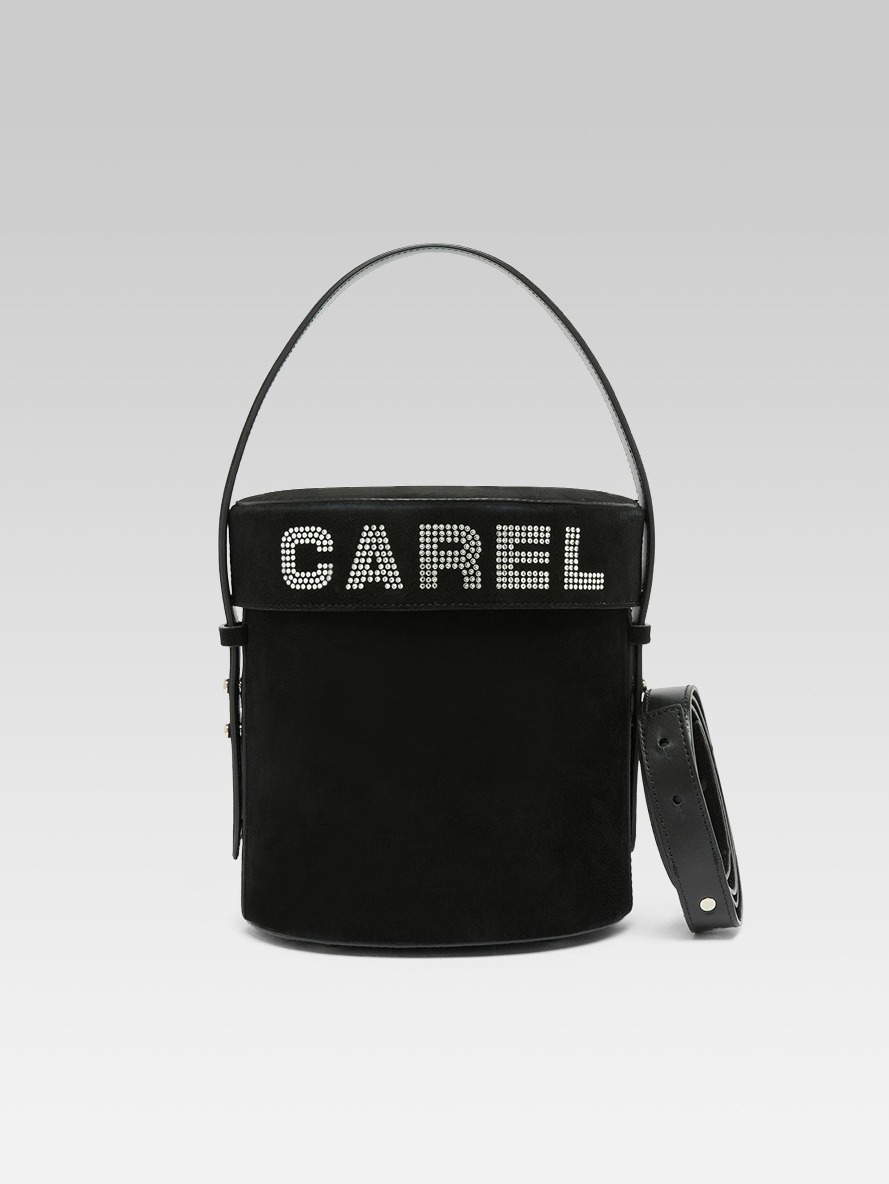 Bibi - Black suede leather bucket bag embellished with crystals by Swarovski® 