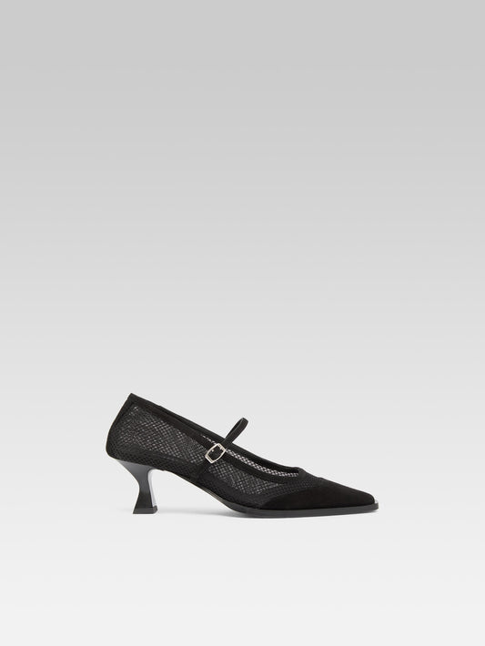 Julie - Black suede leather and mesh pumps with straps