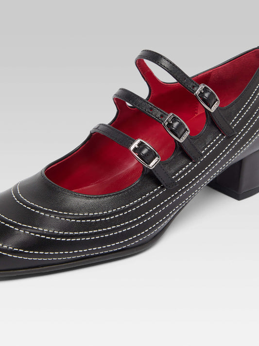 Kina Moto - Black leather Mary Janes pumps with stitching - Image number 2