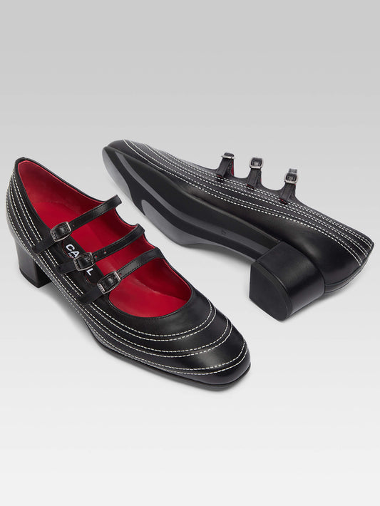 Kina Moto - Black leather Mary Janes pumps with stitching - Image number 5