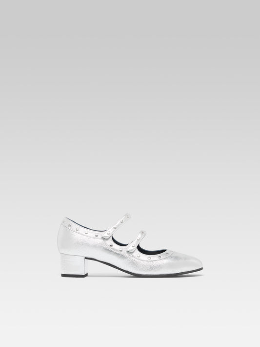 Lella - Silver laminated leather Mary Janes with studs