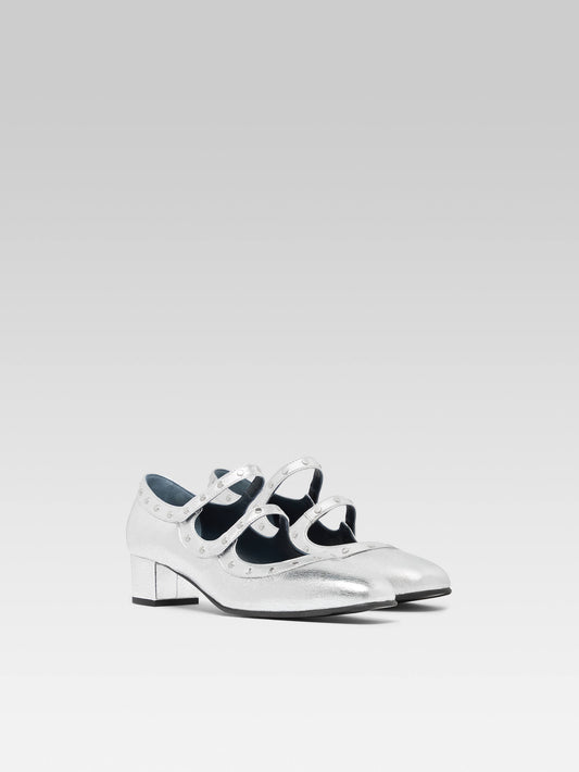 Lella - Silver laminated leather Mary Janes with studs - Image number 4