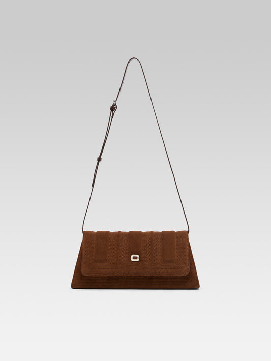 Madeleine - Cognac suede leather shoulder bag with stitching