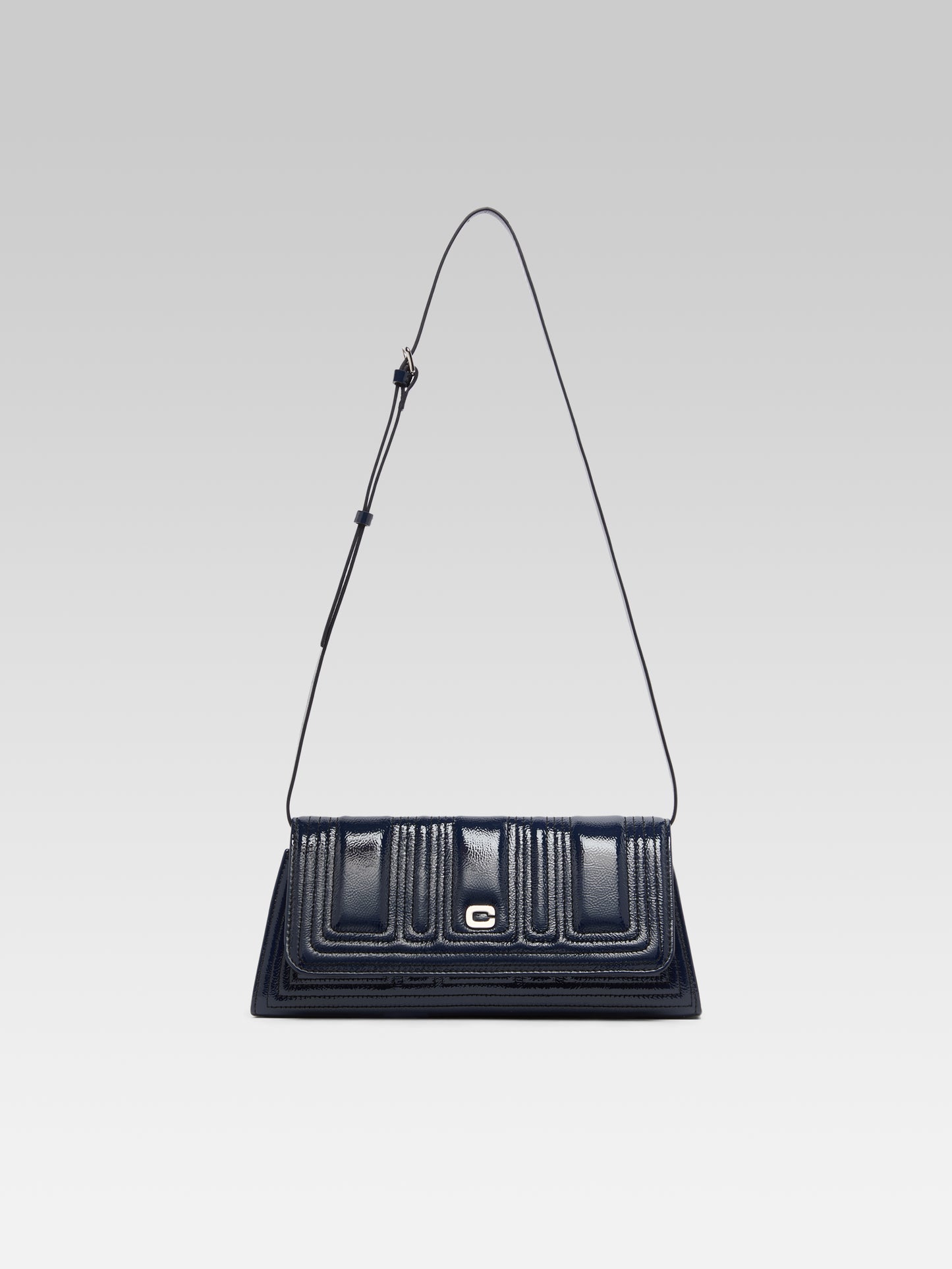 Madeleine - Sac épaule cuir verni bleu marine et coutures noires