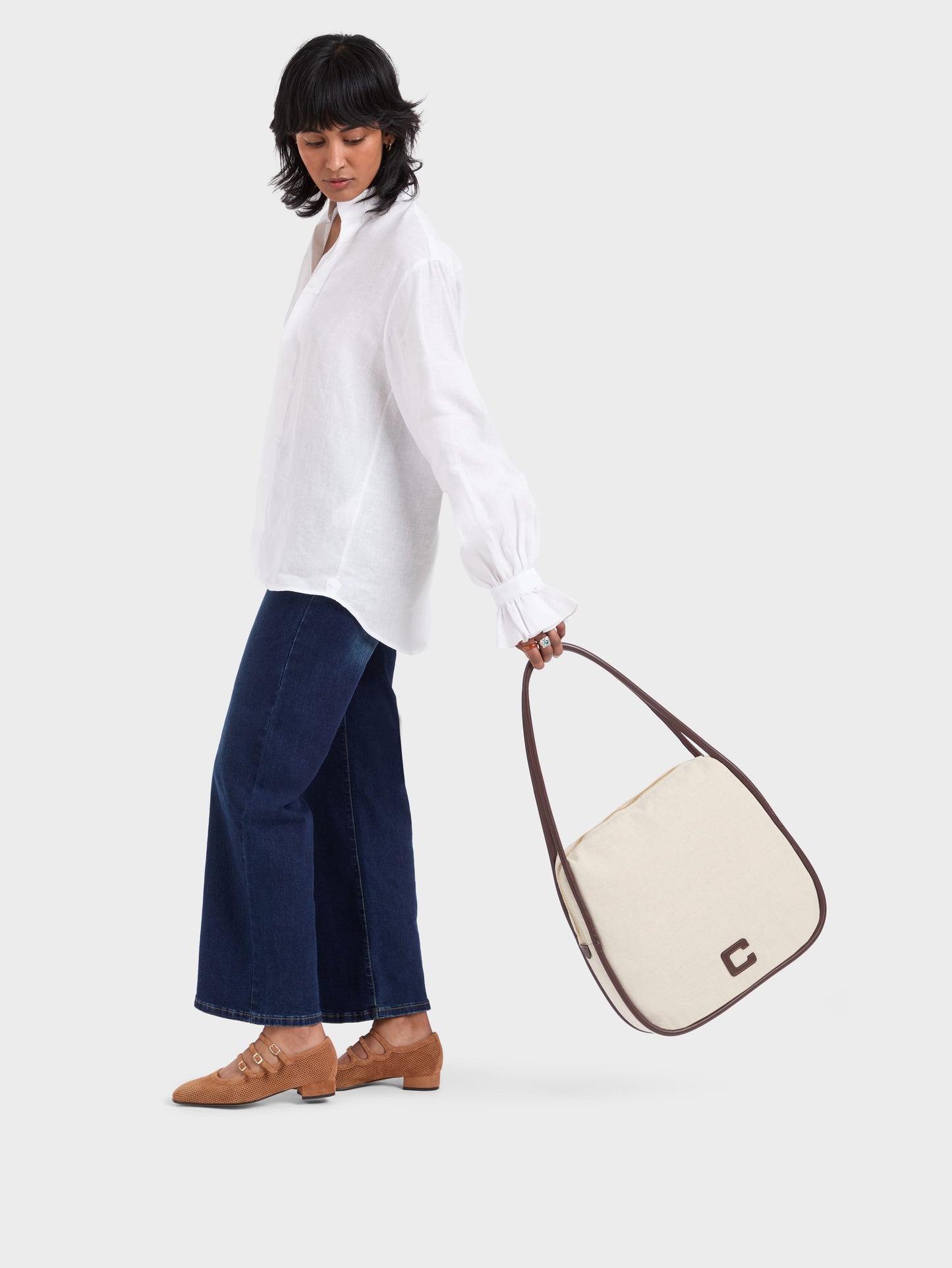 Germain - Beige cotton and brown leather tote bag