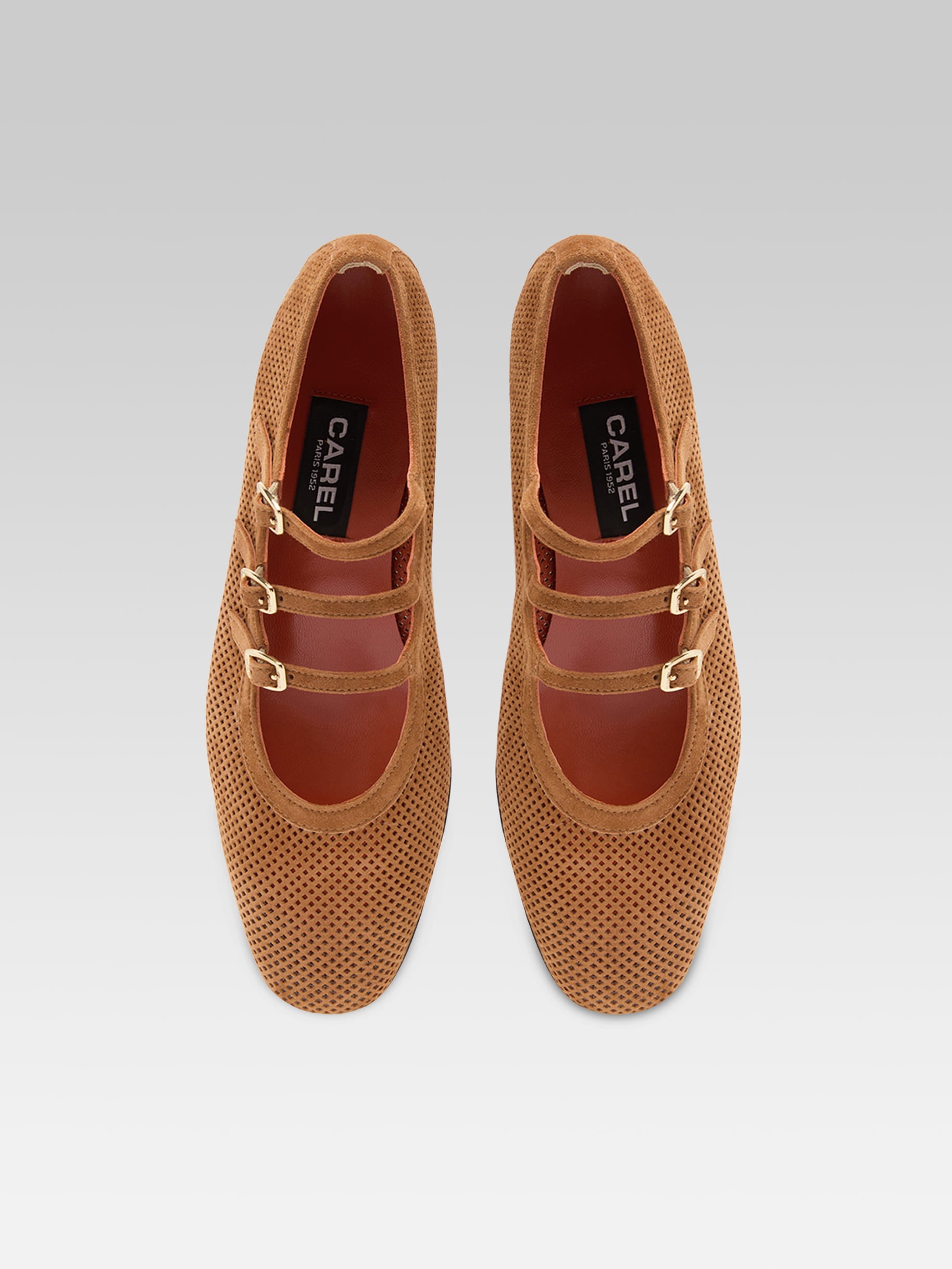 Ariana - Cognac perforated suede leather Mary Jane ballet flats