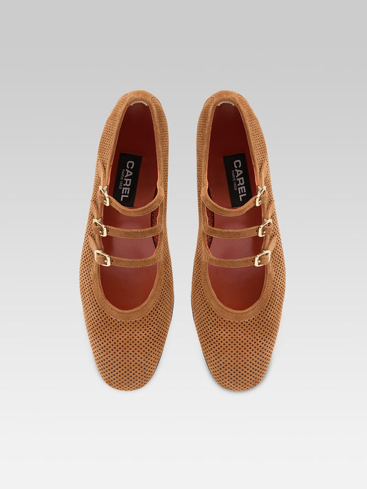 Ariana - Cognac perforated suede leather Mary Janes ballet flats - Image number 5