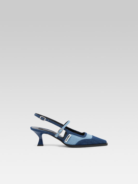 Cecile - Escarpins slingback tissu bi-jeans bleu - Image numéro 1