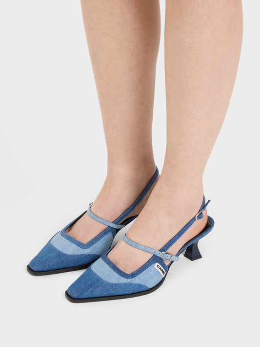 Cecile - Escarpins slingback tissu bi-jeans bleu - Image numéro 4