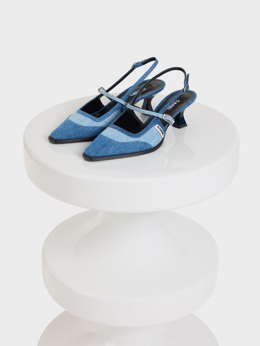 Cecile - Escarpins slingback tissu bi-jeans bleu - Image numéro 7