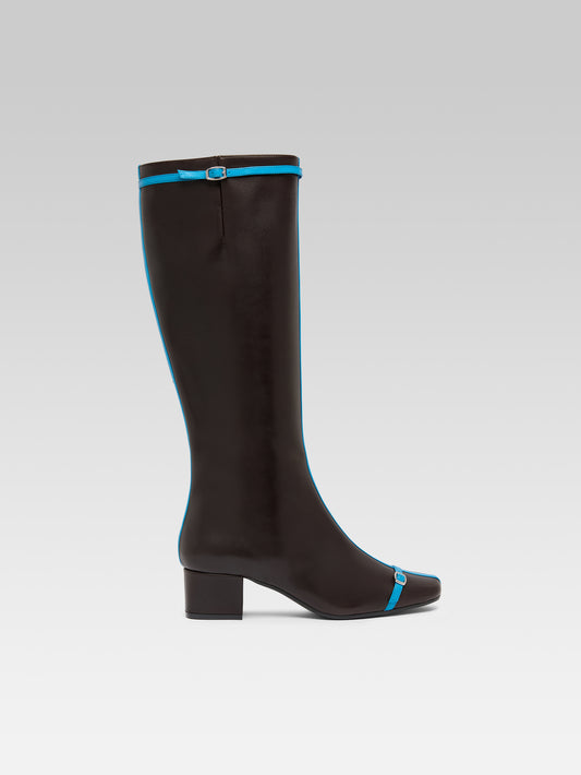 Starter - Bottes cuir upcyclé marron à brides bleues