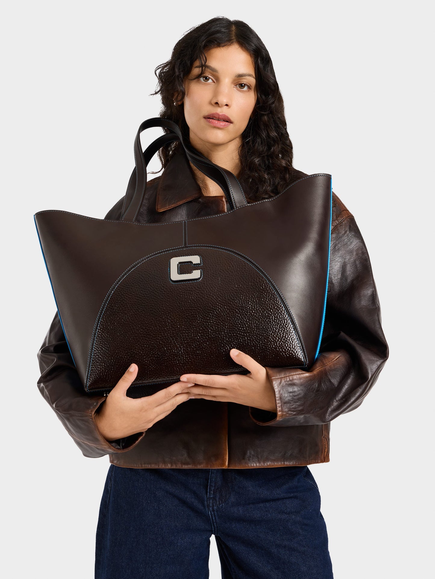 Clemenceau - Brown upcycled smooth and grained leather tote bag with blue stitching