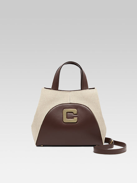 Clem - Brown leather and beige canvas mini tote bag - Image number 1