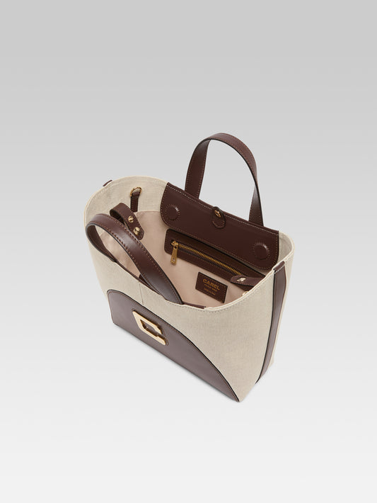 Clem - Brown leather and beige canvas mini tote bag - Image number 5