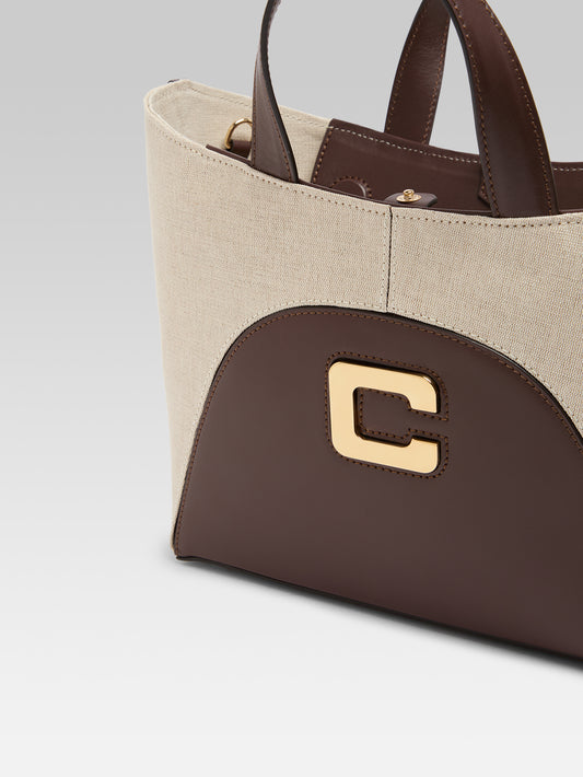 Clem - Brown leather and beige canvas mini tote bag - Image number 6