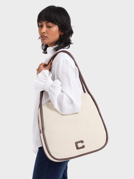 Germain - Beige cotton and brown leather tote bag - Image number 3