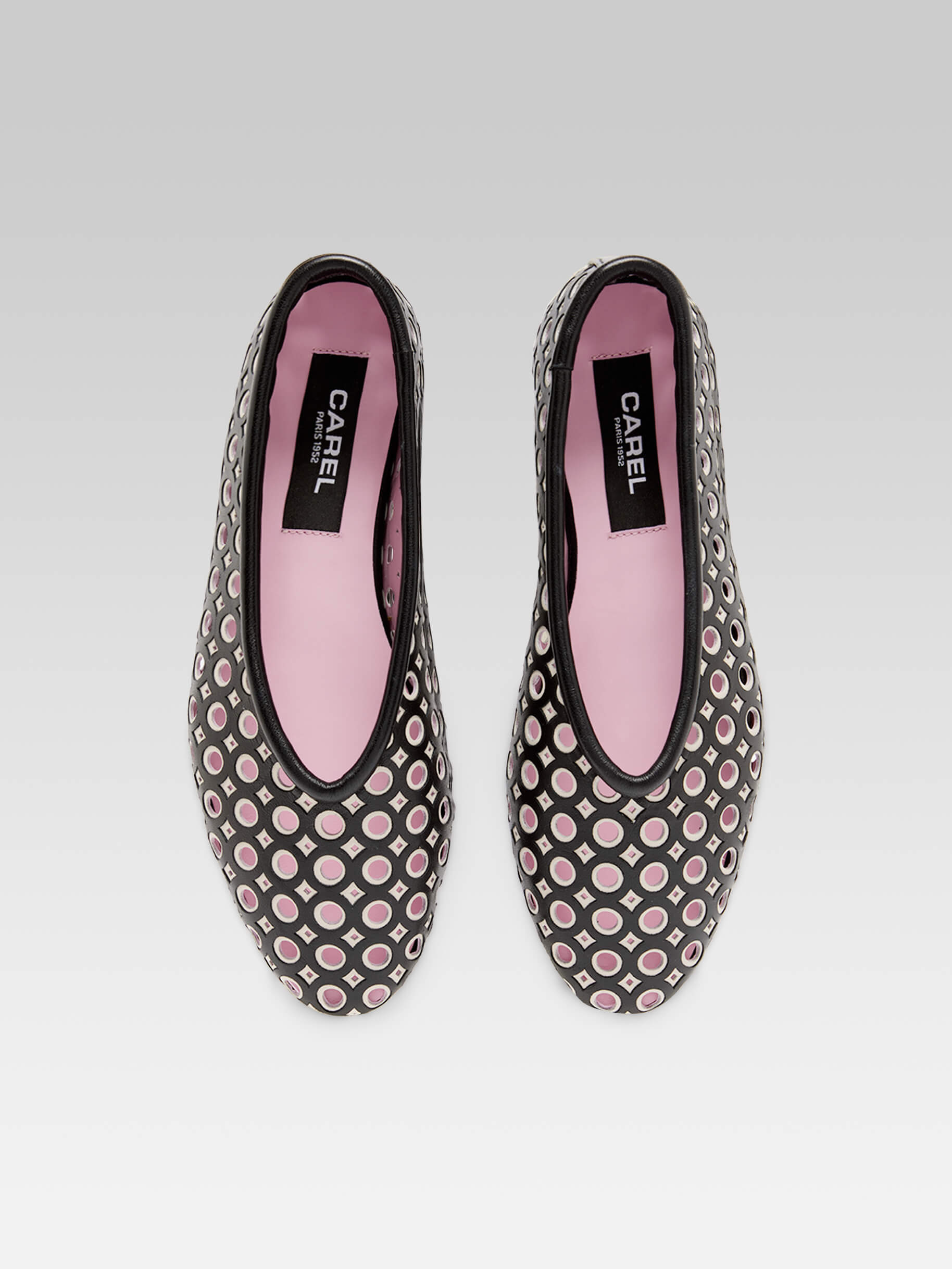 Soleil - Black and ivory perforated leather ballet flats - Image number 2