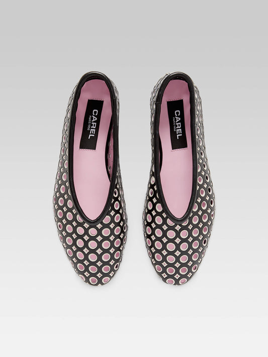 Soleil - Black and ivory perforated leather ballet flats - Image number 2