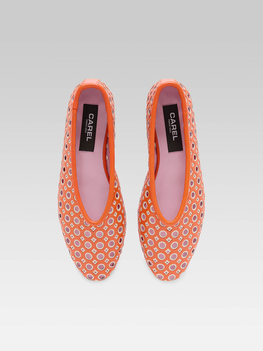 Soleil - Orange and ivory perforated leather ballet flats - Image number 2