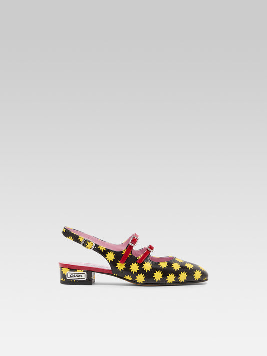 Star P - Black leather slingback Mary Janes with yellow stars - Image number 1