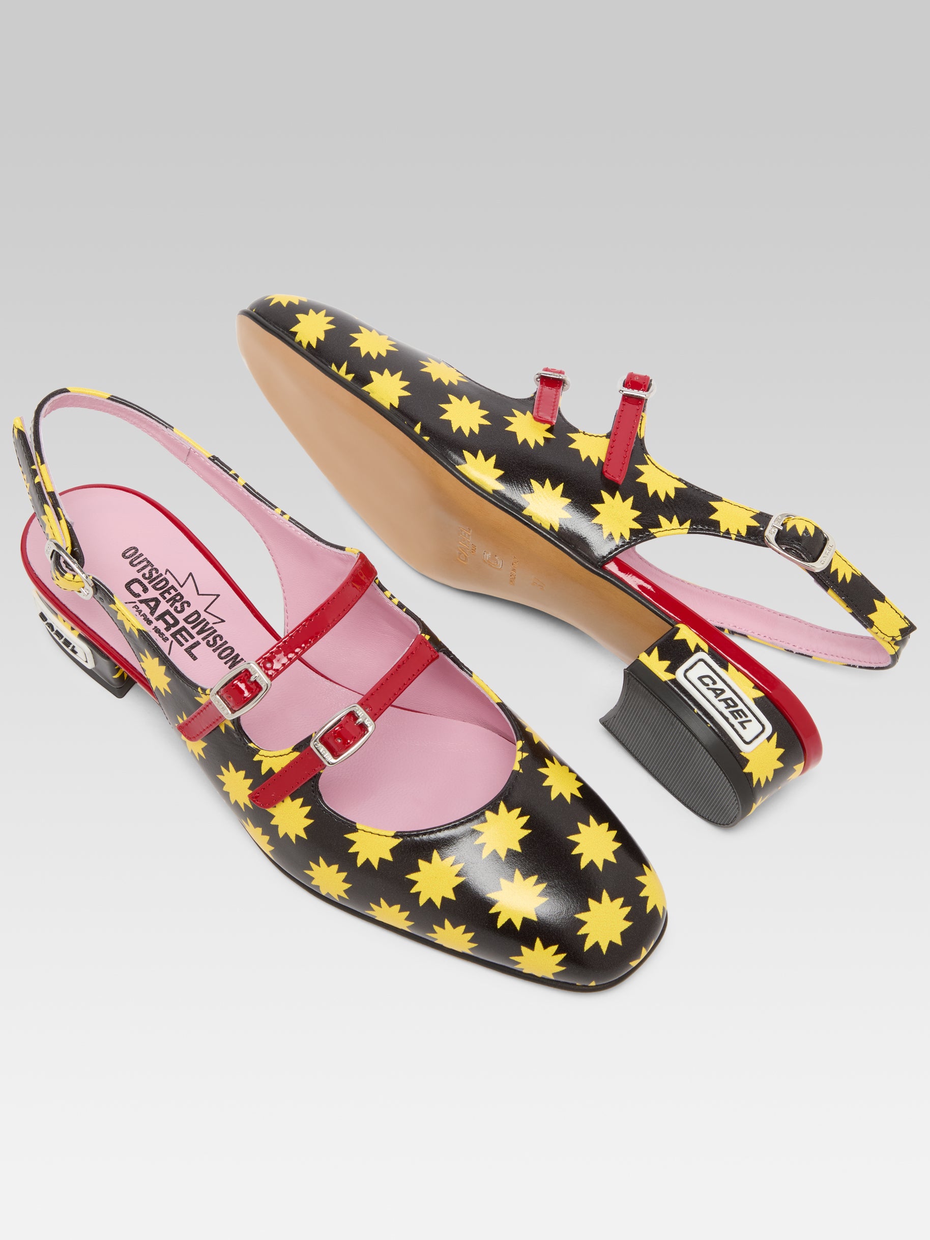 Star P - Black leather slingback Mary Janes with yellow stars - Image number 3