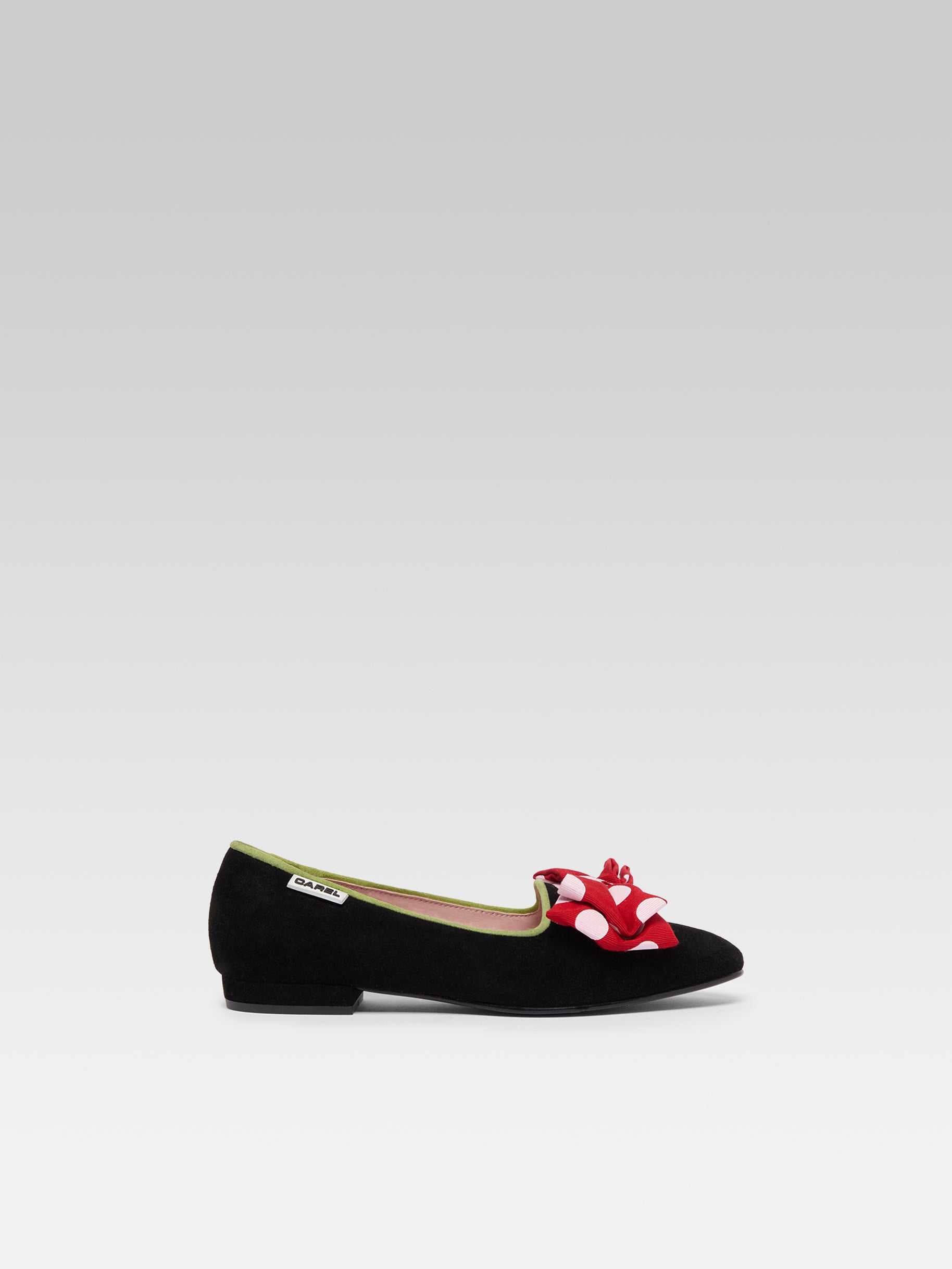 Marquis XL - Black suede leather ballet flats with red and white bow
