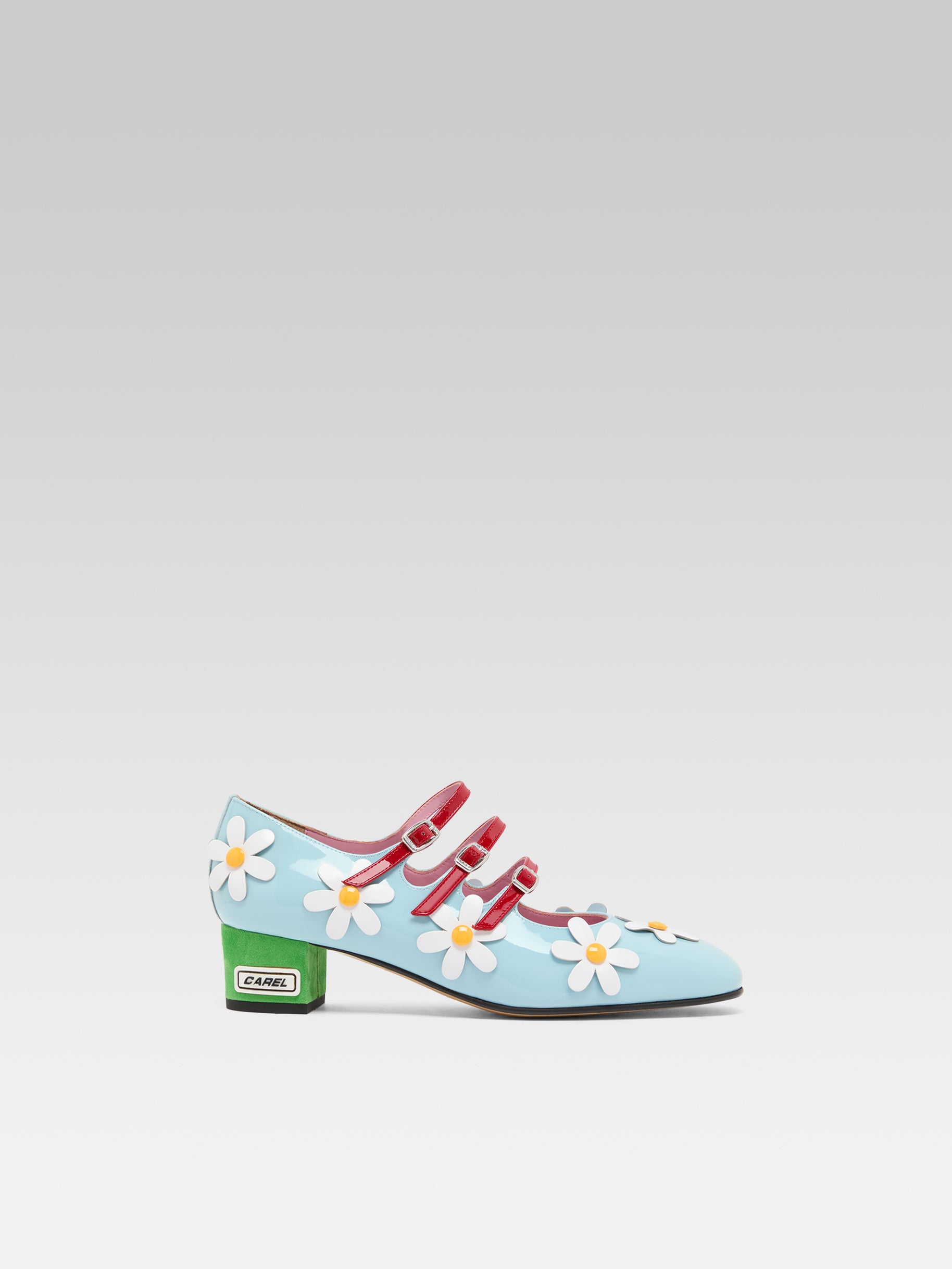 Daisy K - Escarpins babies cuir verni bleu clair et marguerites