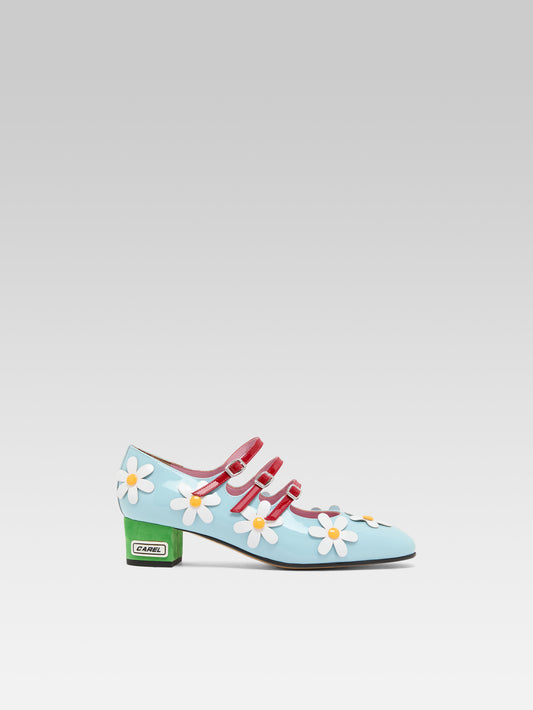 Daisy K - Light blue patent leather Mary Janes pumps with daisies