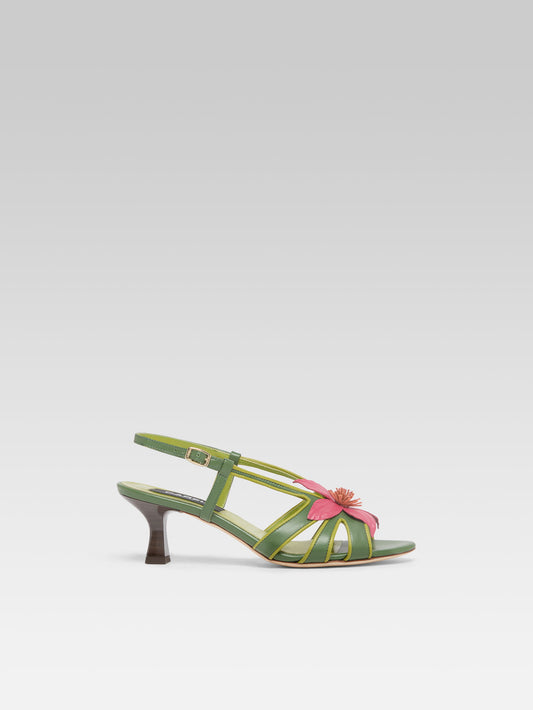 Acai - Green leather heeled sandals with pink flower - Image number 1