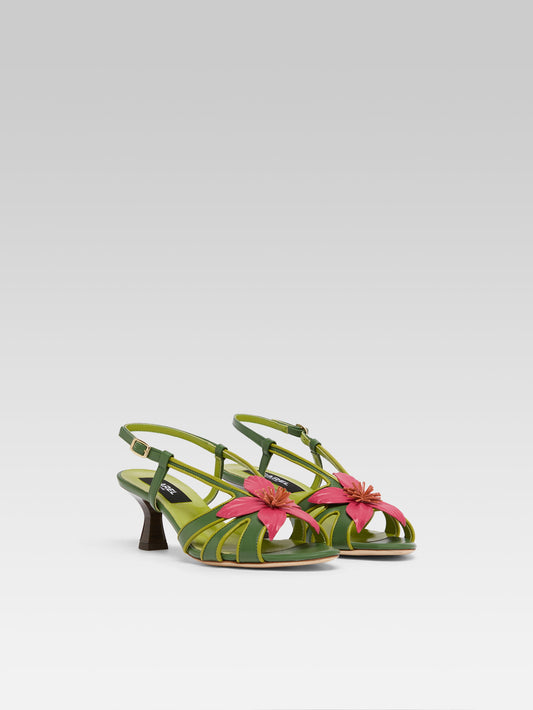 Acai - Green leather heeled sandals with pink flower - Image number 2