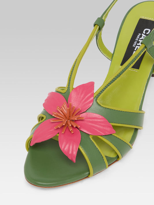 Acai - Green leather heeled sandals with pink flower - Image number 3