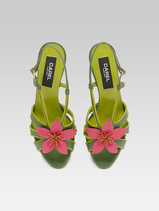Acai - Green leather heeled sandals with pink flower - Image number 5
