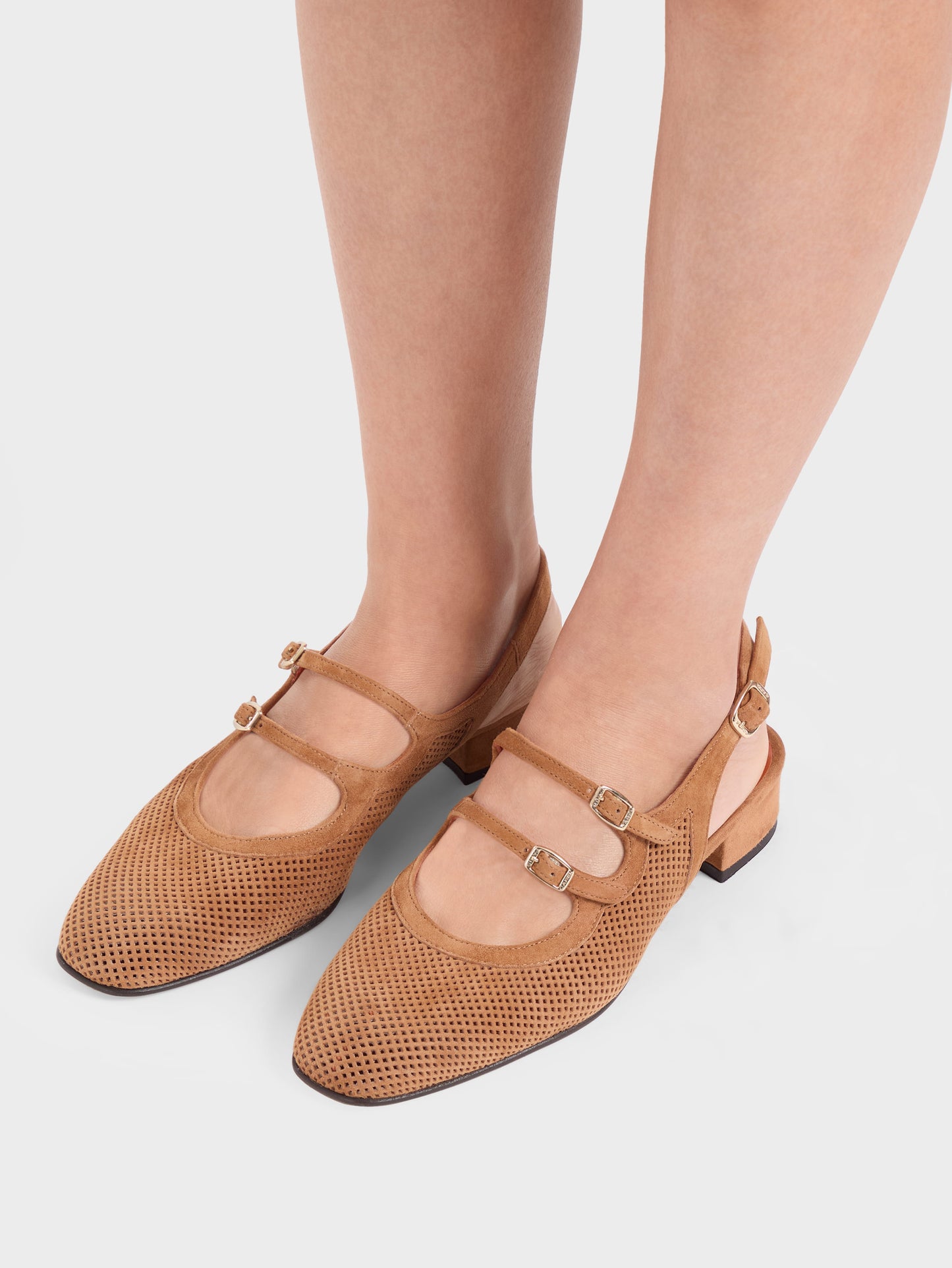 Peche - Cognac perforated suede leather slingback Mary Janes